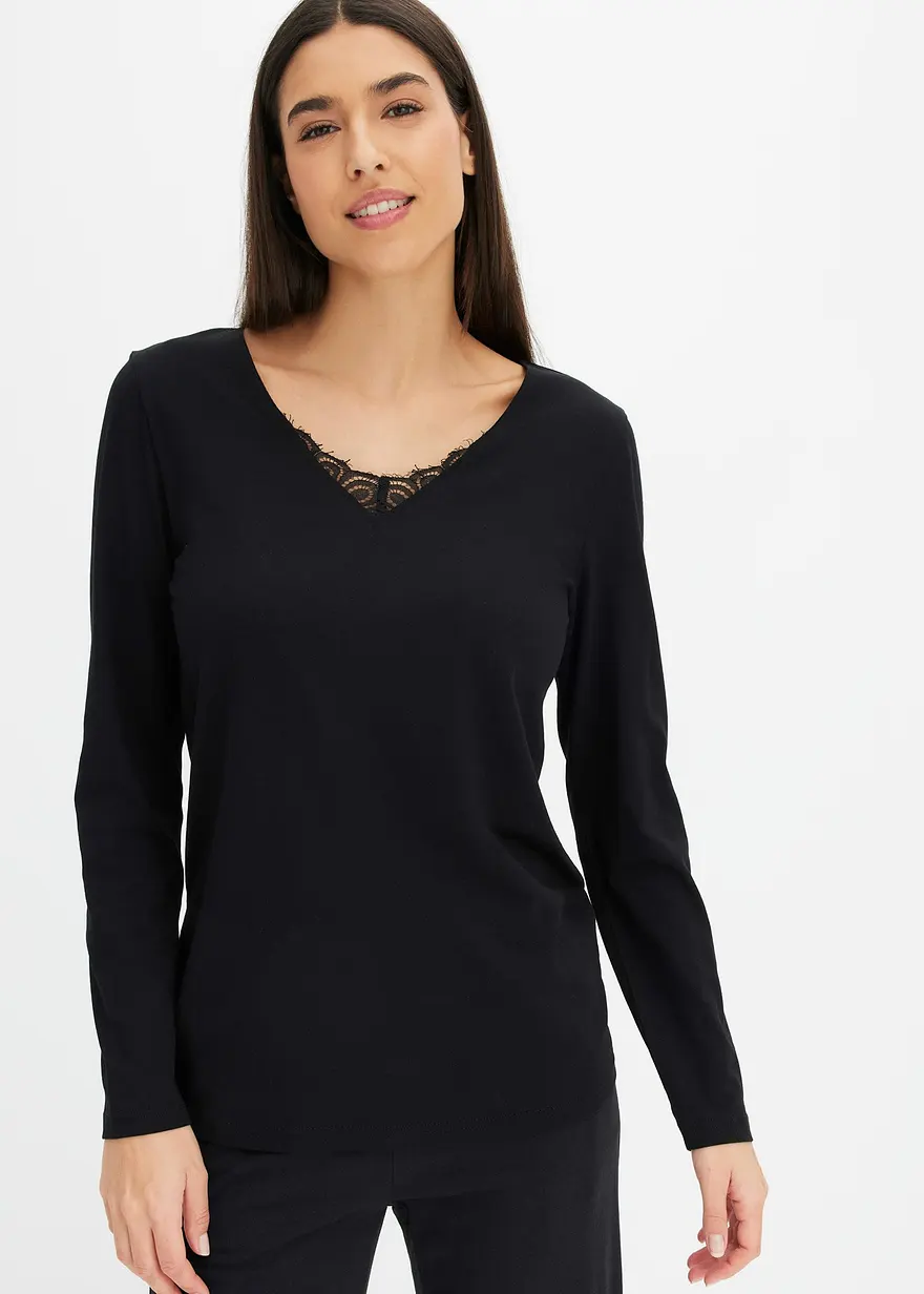Bonprix Feminines Schlafoberteil Mit Blumendruck - Schwarz