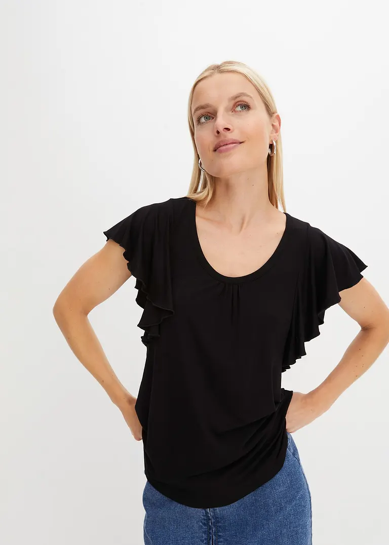 Bonprix Feminines Shirt Mit Bindeband Am Ausschnitt - Schwarz