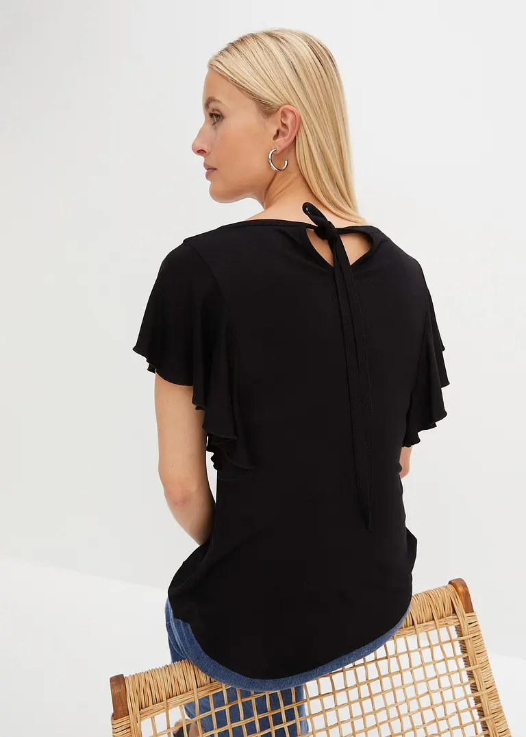 Bonprix Feminines Shirt Mit Bindeband Am Ausschnitt - Schwarz