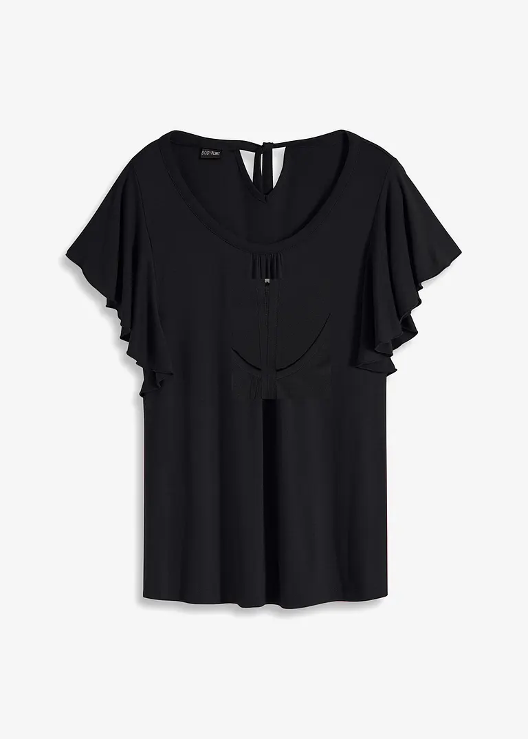 bonprix Feminines Shirt mit Bindeband am Ausschnitt - schwarz