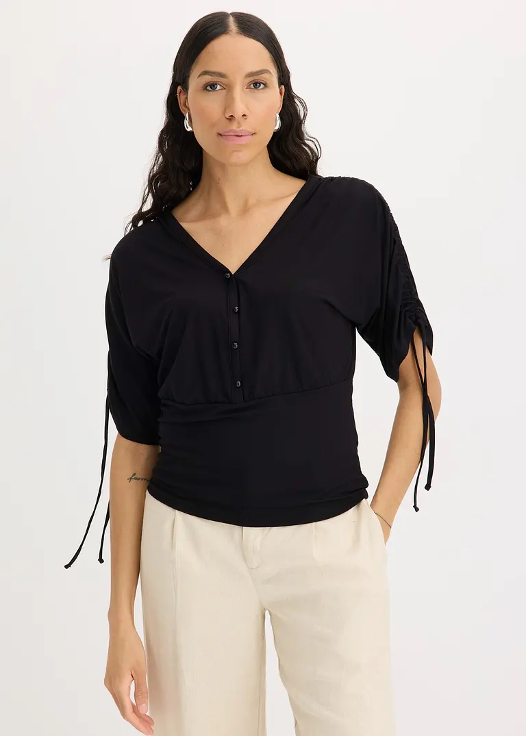 Bonprix Feminines Shirt Mit Dekorativer Knopfleiste - Schwarz