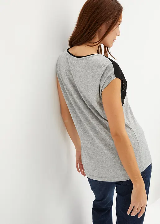 Bonprix Feminines Shirt Mit Spitze Und Kurzen Ärmeln - Schwarz