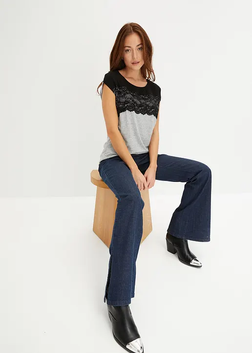 Bonprix Feminines Shirt Mit Spitze Und Kurzen Ärmeln - Schwarz