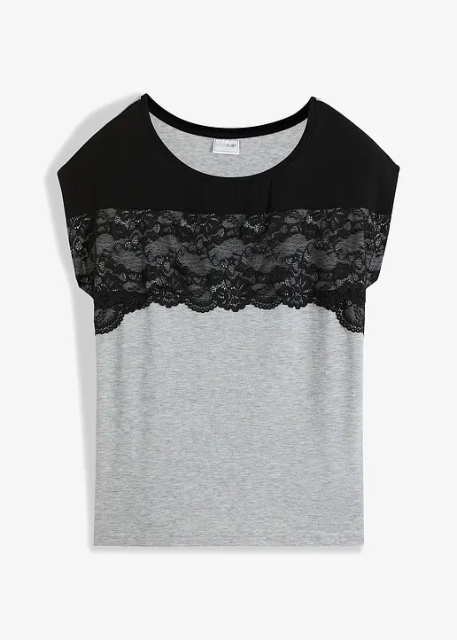 bonprix Feminines Shirt mit Spitze und kurzen Ärmeln - schwarz