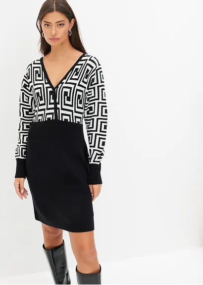 Bonprix Feminines Strickkleid Mit Graphischem Muster Am Oberteil - Damen
