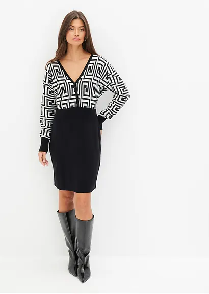 Bonprix Feminines Strickkleid Mit Graphischem Muster Am Oberteil - Damen