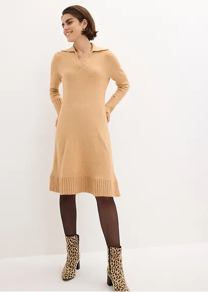 Bonprix Feminines Strickkleid Mit Polokragen - Beige - Damen