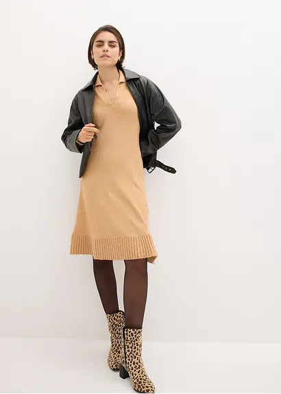 Bonprix Feminines Strickkleid Mit Polokragen - Beige - Damen
