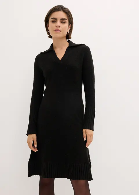 Bonprix Feminines Strickkleid Mit Polokragen - Schwarz - Damen