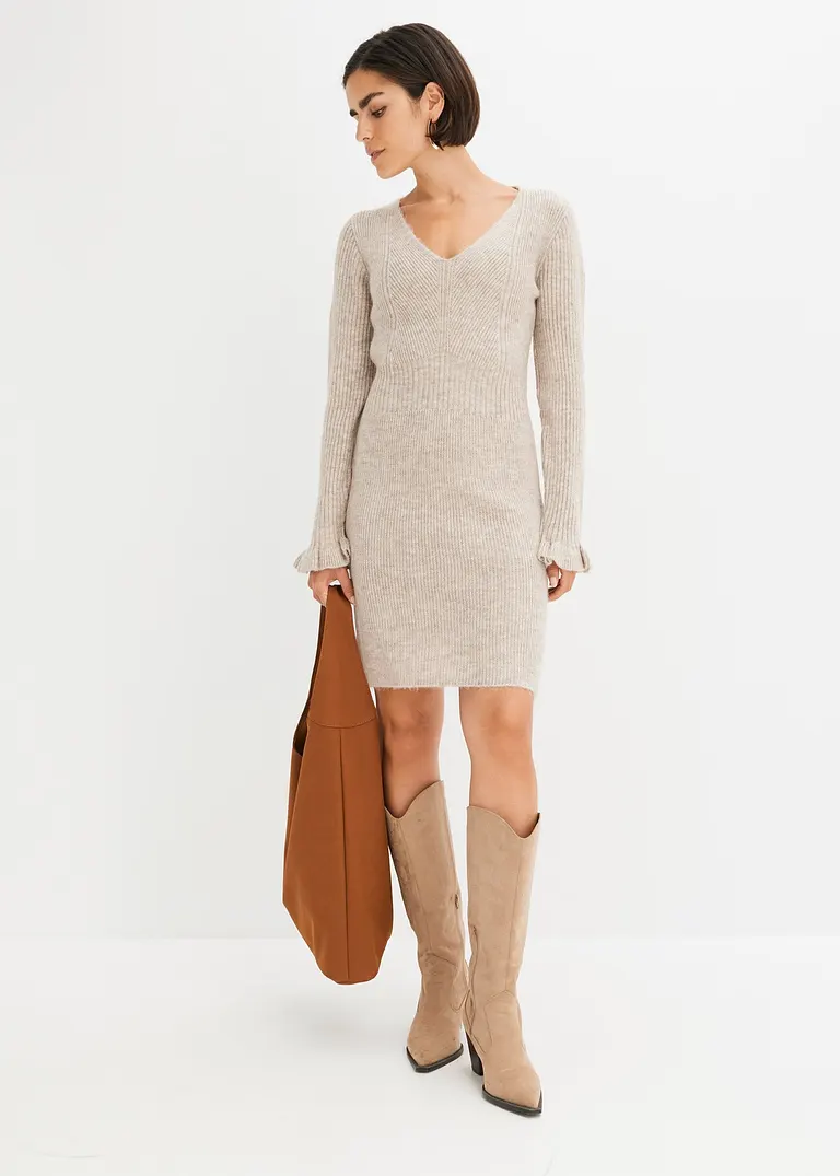 Bonprix Feminines Strickkleid Mit Volants Am Ärmelsaum - Beige