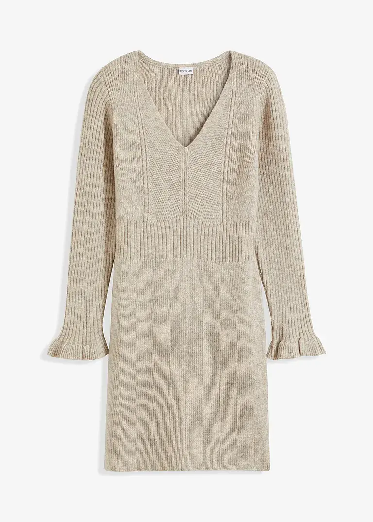 bonprix feminines Strickkleid mit Volants am Ärmelsaum - beige