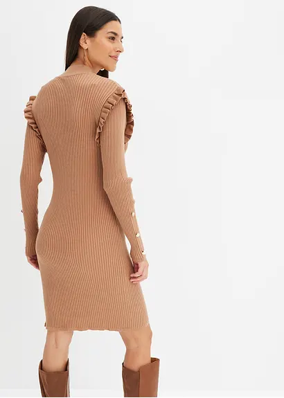 Bonprix Feminines Strickkleid Mit Volants An Der Schulter - Braun - Damen