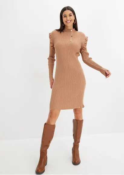 Bonprix Feminines Strickkleid Mit Volants An Der Schulter - Braun - Damen