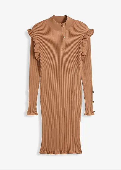 bonprix feminines Strickkleid mit Volants an der Schulter - braun - Damen