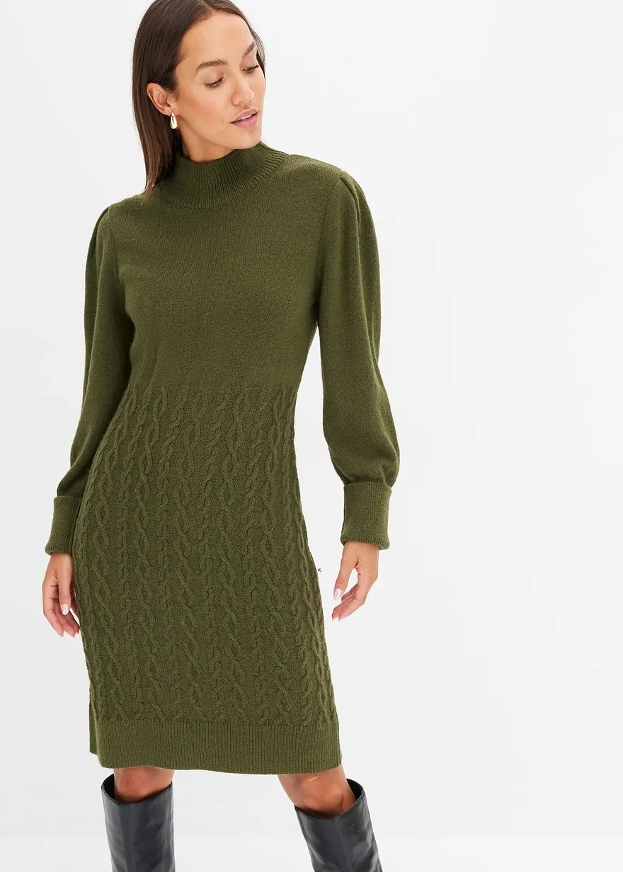 Bonprix Feminines Strickkleid Mit Zopfmuster - Grün - Damen