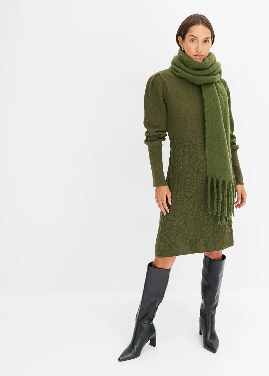 Bonprix Feminines Strickkleid Mit Zopfmuster - Grün - Damen