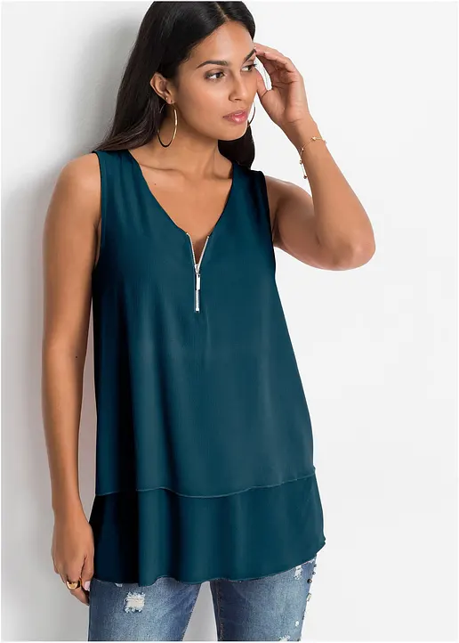 Bonprix Feminines Top Im Lagen-Look Mit Zierreißverschluss - Petrol