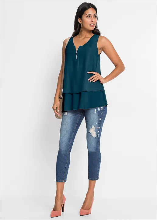 Bonprix Feminines Top Im Lagen-Look Mit Zierreißverschluss - Petrol