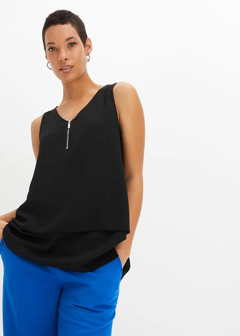 Bonprix Feminines Top Im Lagen-Look Mit Zierreißverschluss - Schwarz