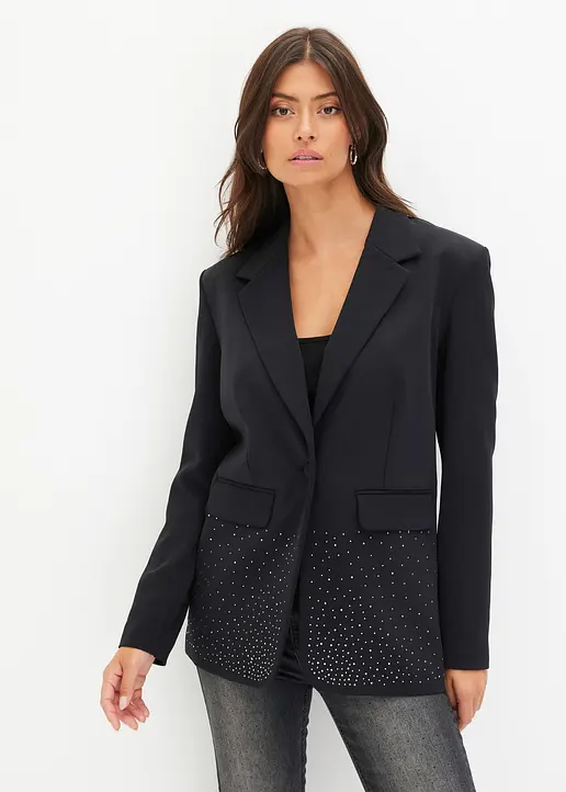 Bonprix Festlicher Blazer Mit Strass-Applikation Vorne Am Saum - Schwarz