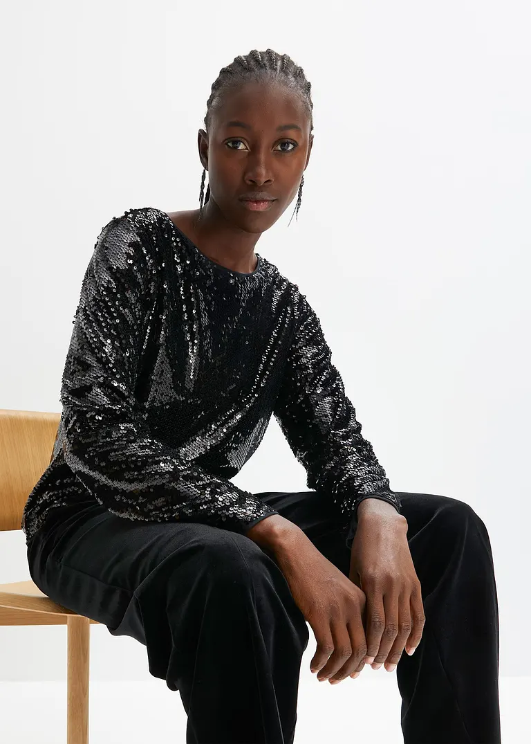 Bonprix Festliches Blusenshirt Aus Pailletten - Schwarz - Damen