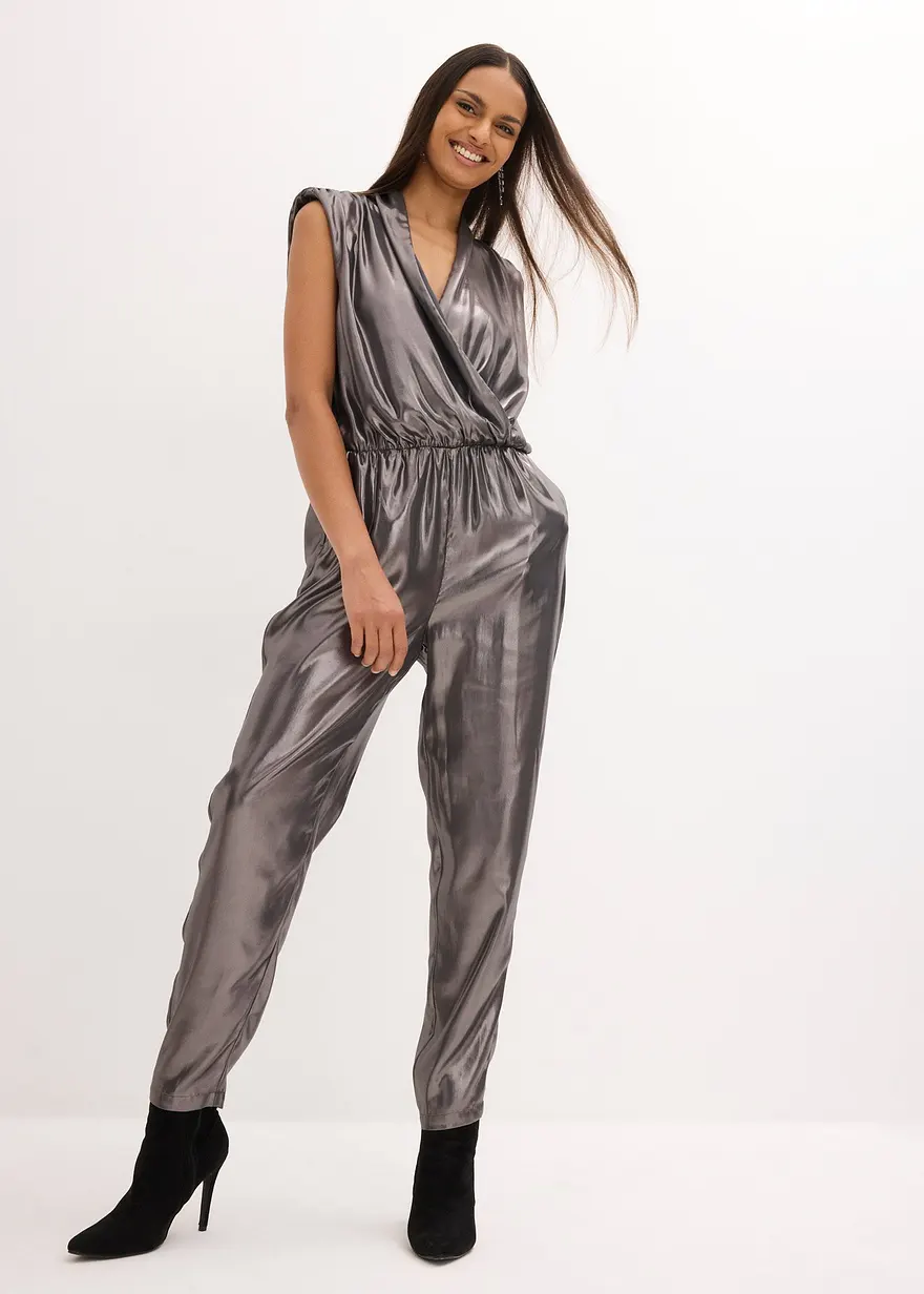 Bonprix Festliches Highlight: ärmelloser Overall Mit Elegantem Glanzdruck Und Moderner Schulterbetonung