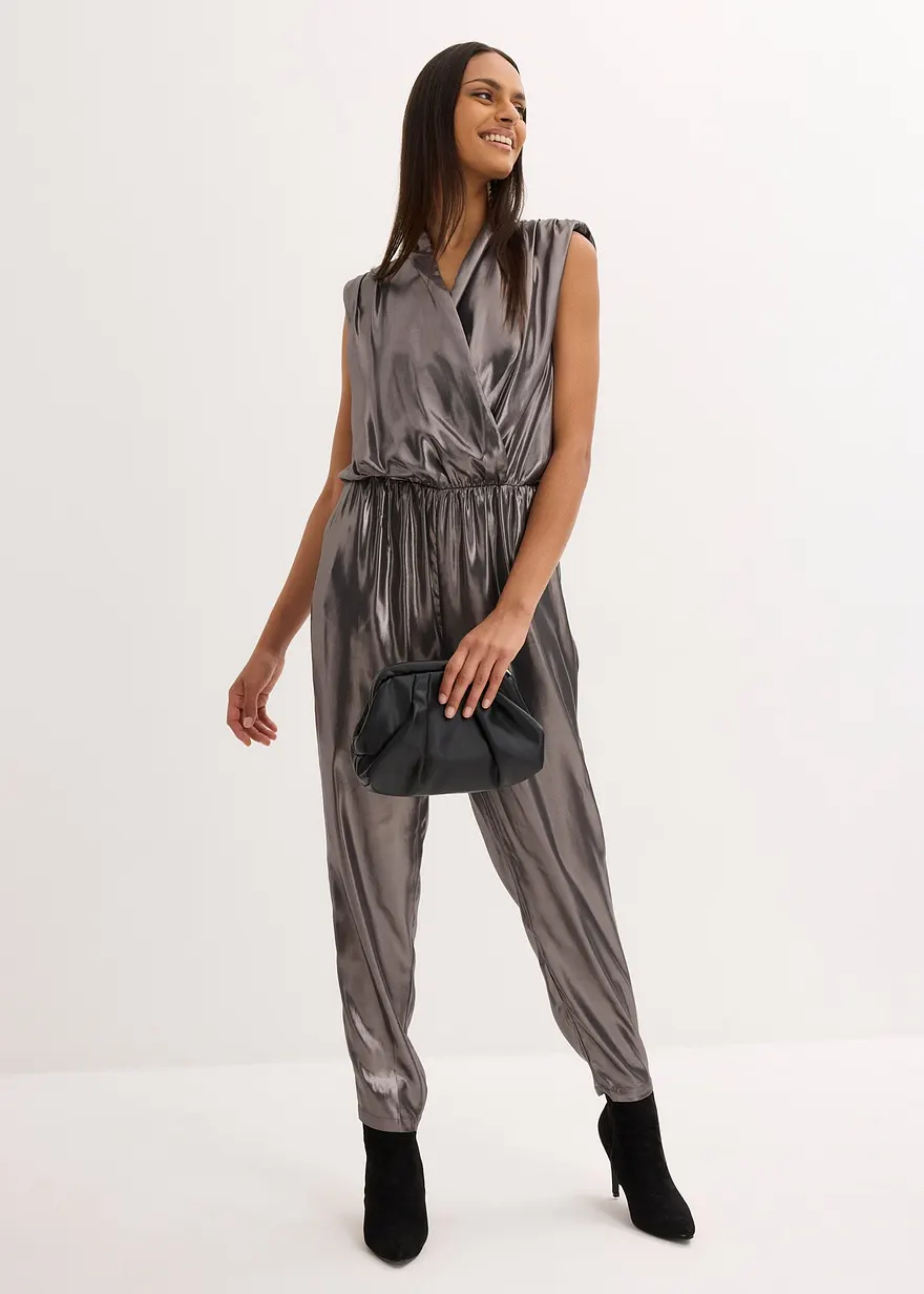 Bonprix Festliches Highlight: ärmelloser Overall Mit Elegantem Glanzdruck Und Moderner Schulterbetonung