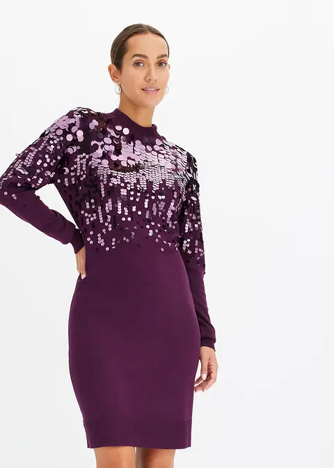 Bonprix Festliches Strickkleid Mit Pailletten-Applikation - Lila - Damen