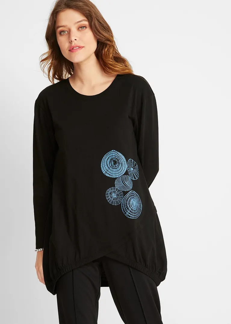 Bonprix Figur Umschmeichelndes Bedrucktes Longshirt In O-Shape - Schwarz