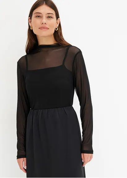 Bonprix Figurbetontes Mesh-Langarmshirt Mit Stehkragen - Schwarz - Damen