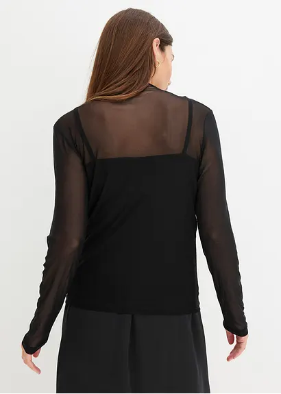 Bonprix Figurbetontes Mesh-Langarmshirt Mit Stehkragen - Schwarz - Damen