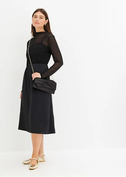 Bonprix Figurbetontes Mesh-Langarmshirt Mit Stehkragen - Schwarz - Damen