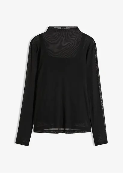 bonprix Figurbetontes Mesh-Langarmshirt mit Stehkragen - schwarz - Damen