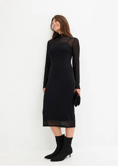 Bonprix Figurbetontes Mesh-Midikleid Mit Stehkragen - Schwarz Petite