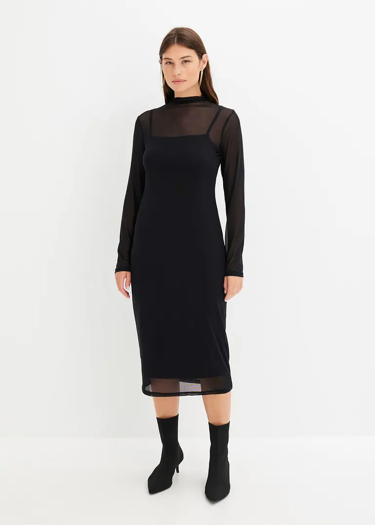 Bonprix Figurbetontes Mesh-Midikleid Mit Stehkragen - Schwarz Regular