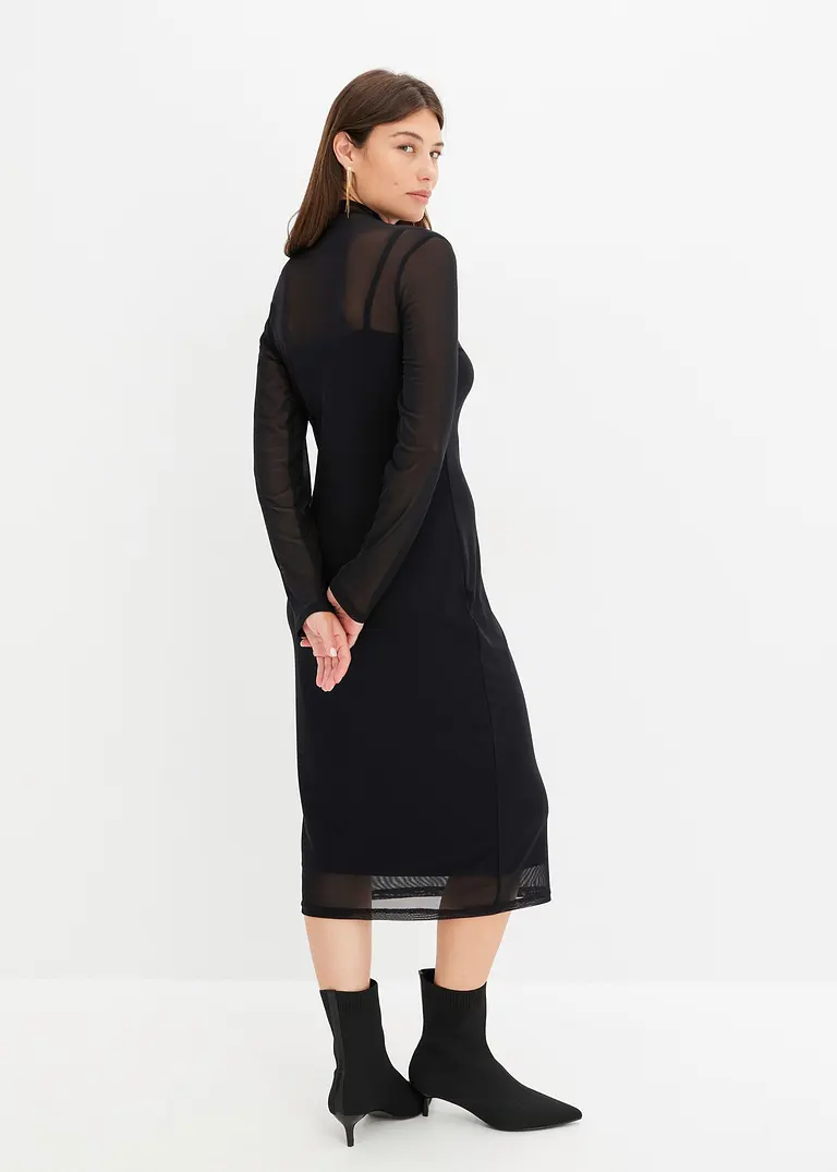 Bonprix Figurbetontes Mesh-Midikleid Mit Stehkragen - Schwarz Regular