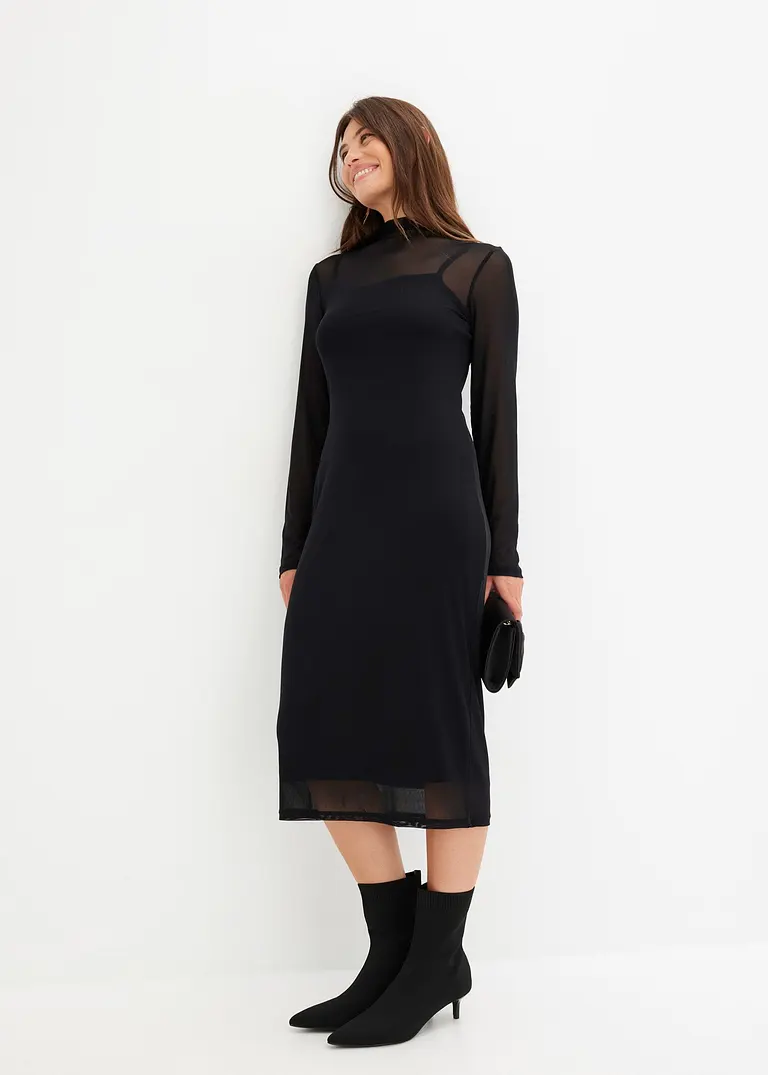 Bonprix Figurbetontes Mesh-Midikleid Mit Stehkragen - Schwarz Regular