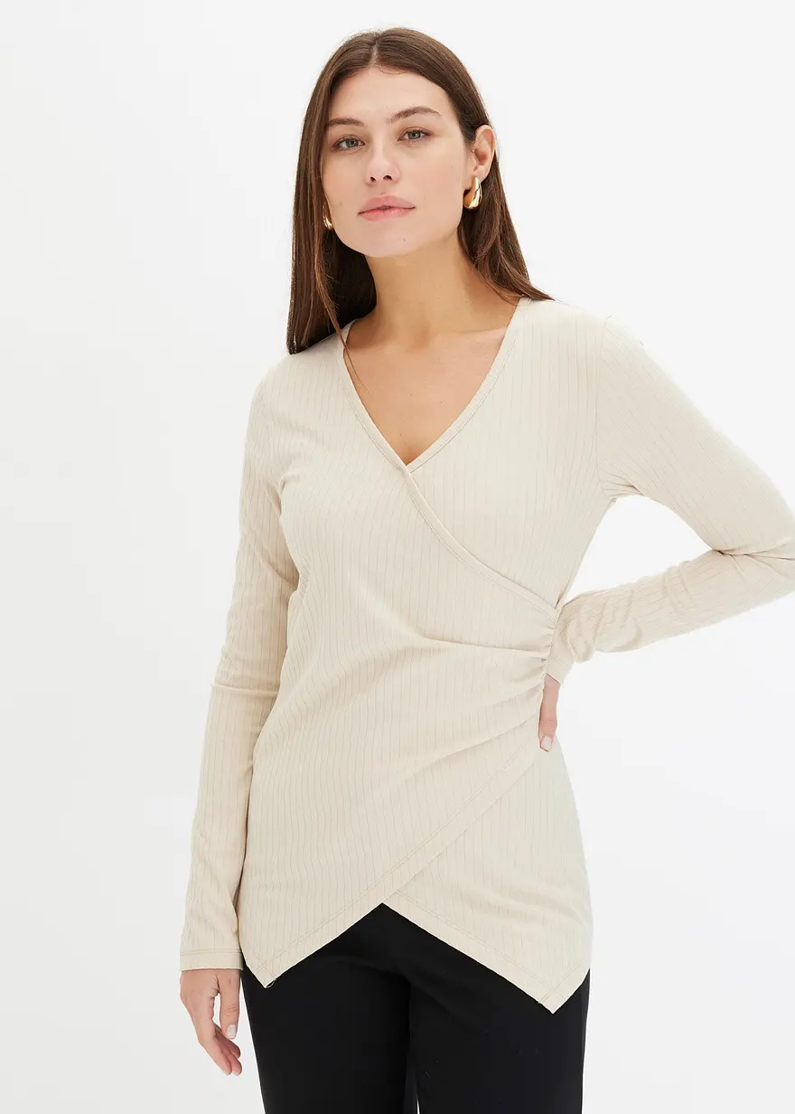 Bonprix Figurbetontes Shirt In Wickeloptik - Beige - Damen