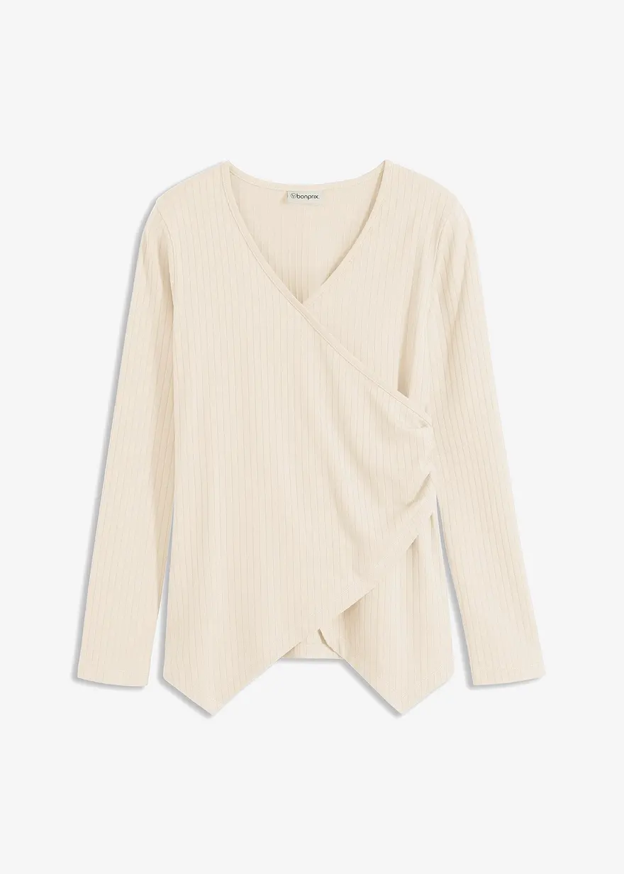 bonprix Figurbetontes Shirt in Wickeloptik - beige - Damen