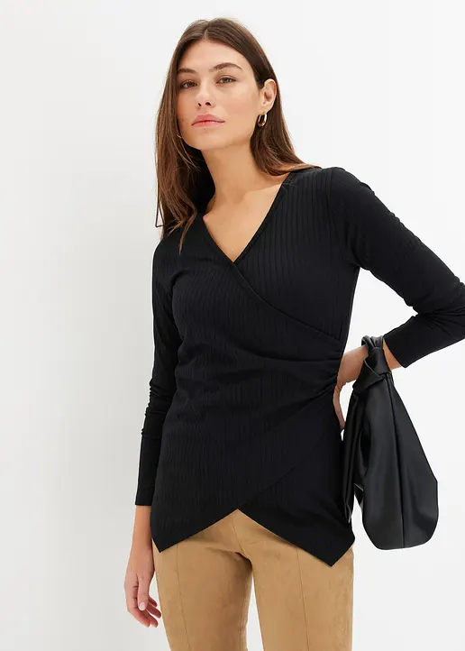 Bonprix Figurbetontes Shirt In Wickeloptik - Schwarz - Damen