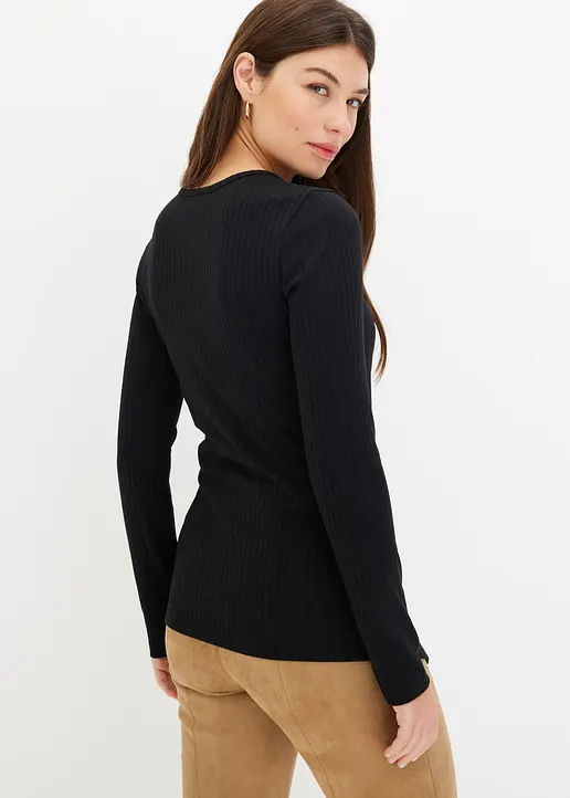 Bonprix Figurbetontes Shirt In Wickeloptik - Schwarz - Damen