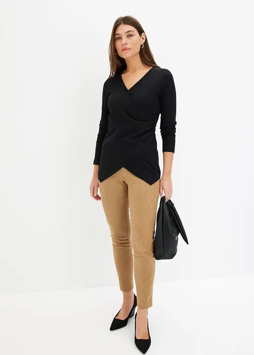 Bonprix Figurbetontes Shirt In Wickeloptik - Schwarz - Damen