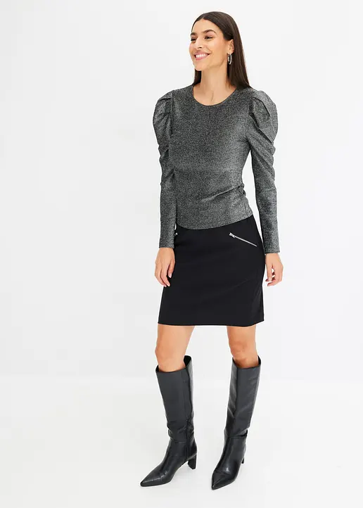 Bonprix Figurbetontes Shirt Mit Glitzereffekt - Schwarz - Damen