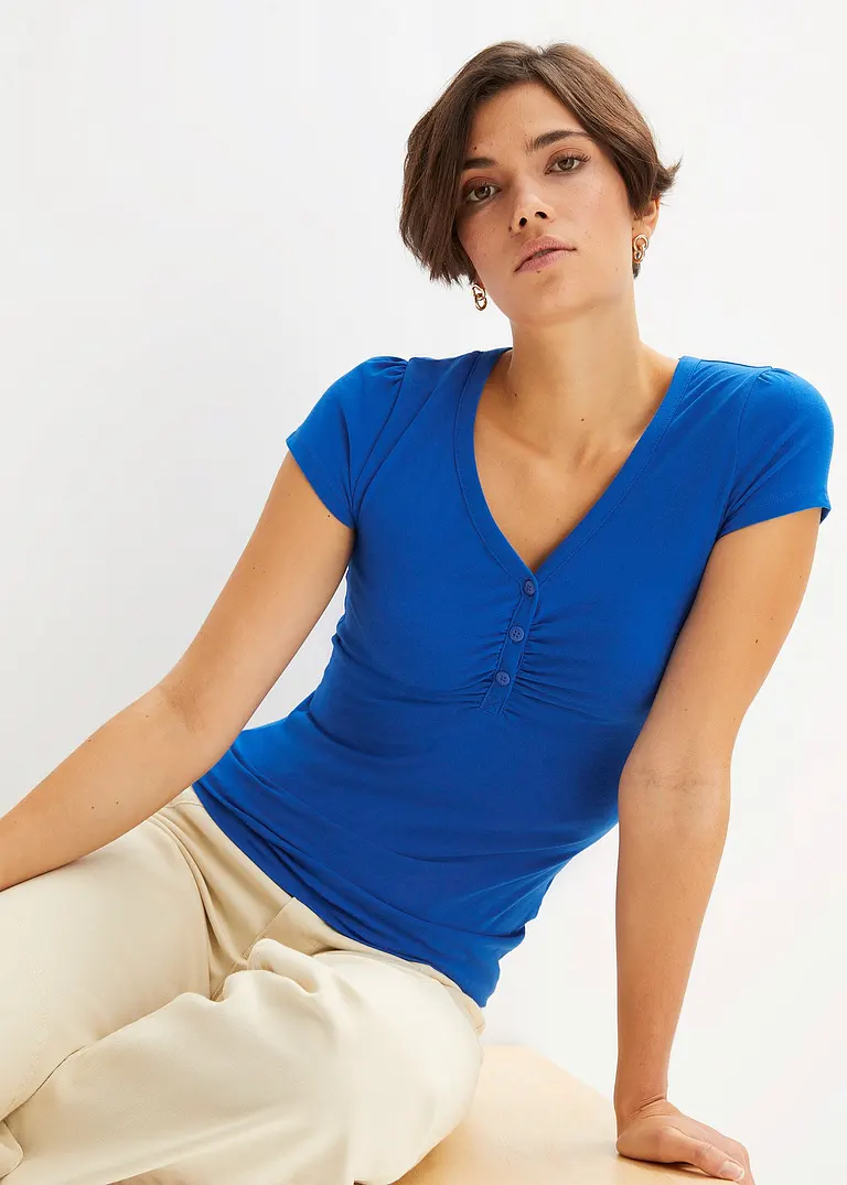 Bonprix Figurbetontes Shirt Mit V-Ausschnitt - Blau - Damen