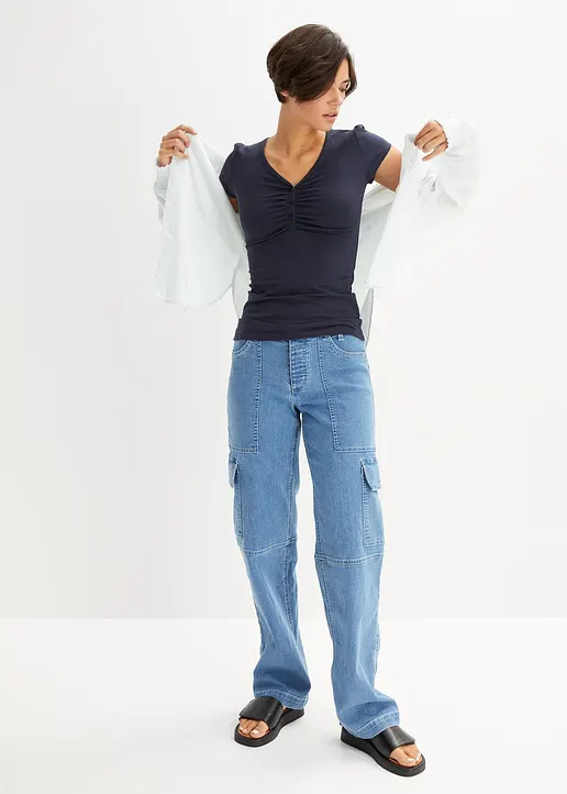Bonprix Figurbetontes Shirt Mit V-Ausschnitt - Blau - Damen