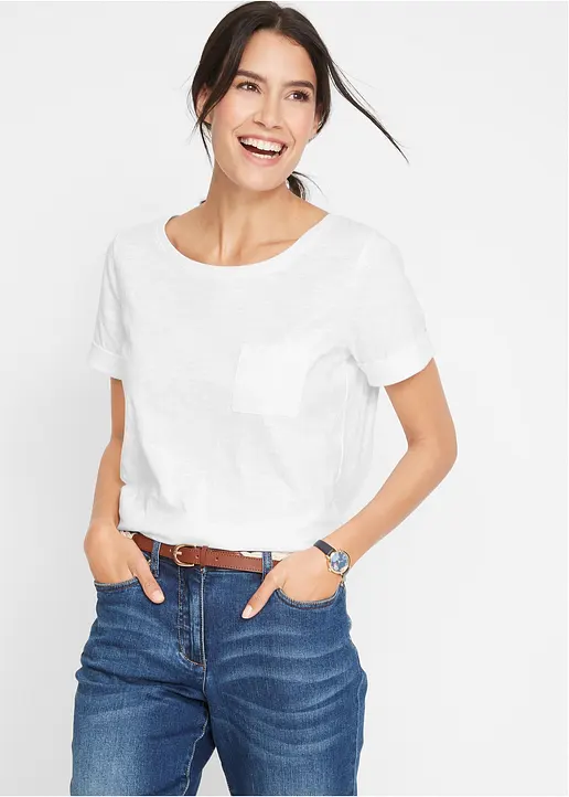 Bonprix Figurgünstiges Baumwoll Flammgarn T-Shirt Mit Dekorativer Brusttasche