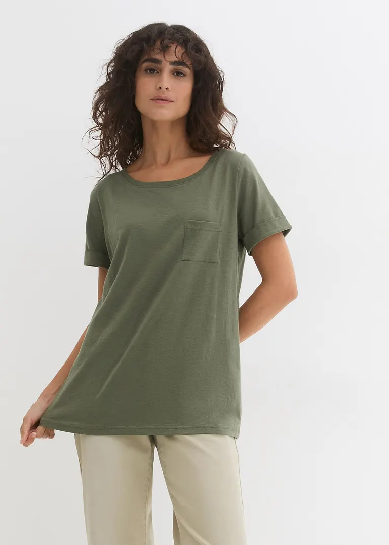 Bonprix Figurgünstiges Baumwoll Flammgarn T-Shirt Mit Dekorativer Brusttasche