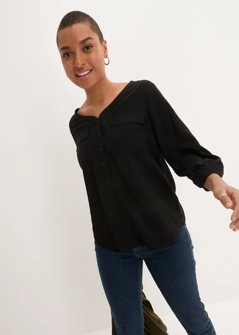 Bonprix Figurschmeichelnde Bluse Mit Ärmeln Zum Krempeln - Schwarz