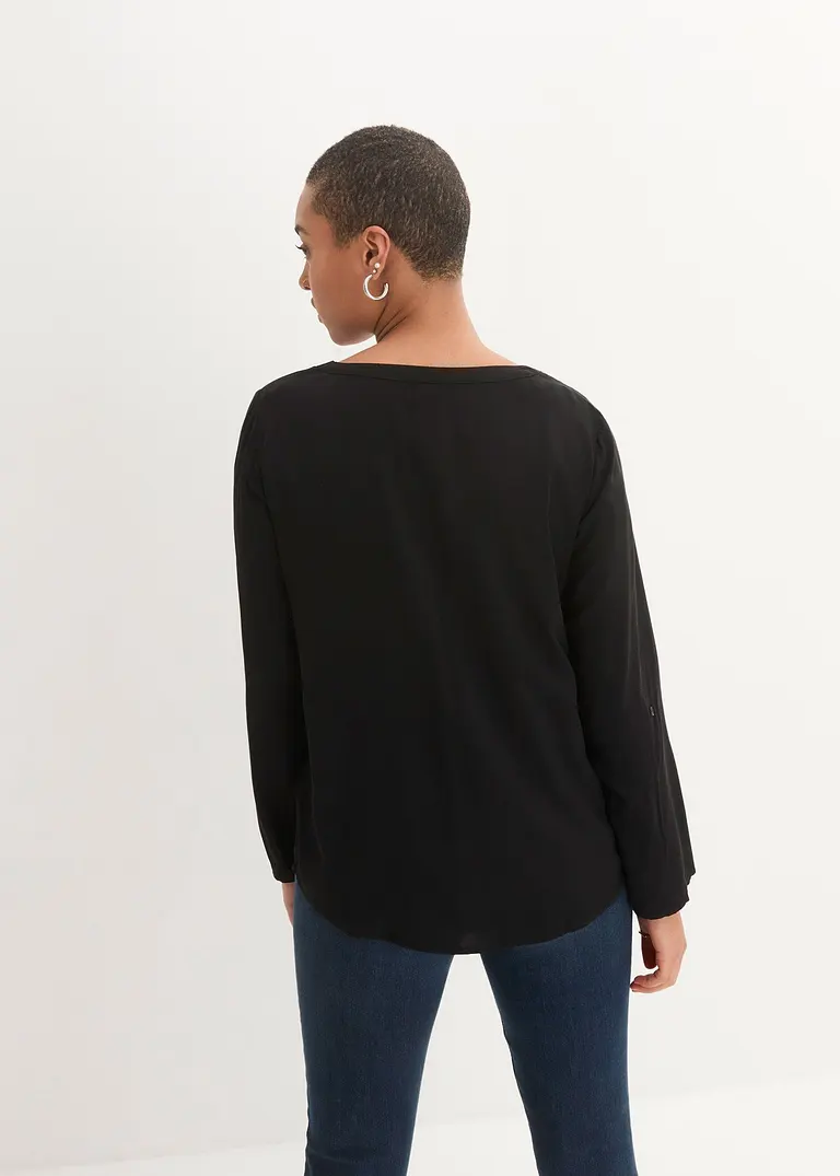 Bonprix Figurschmeichelnde Bluse Mit Ärmeln Zum Krempeln - Schwarz