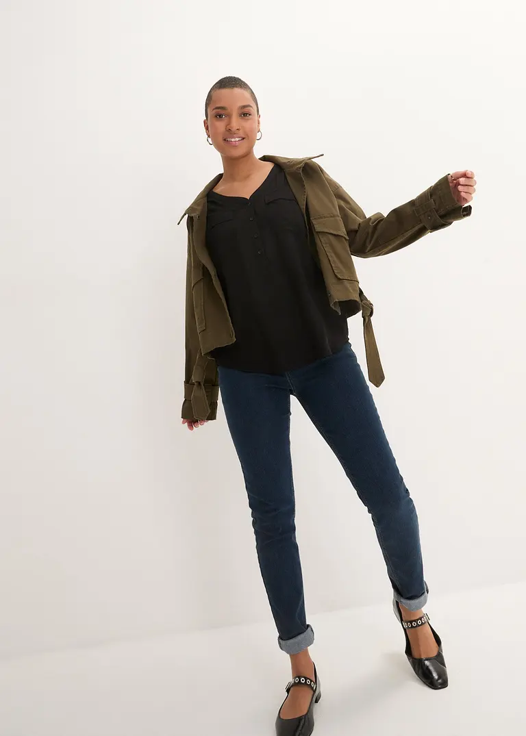 Bonprix Figurschmeichelnde Bluse Mit Ärmeln Zum Krempeln - Schwarz